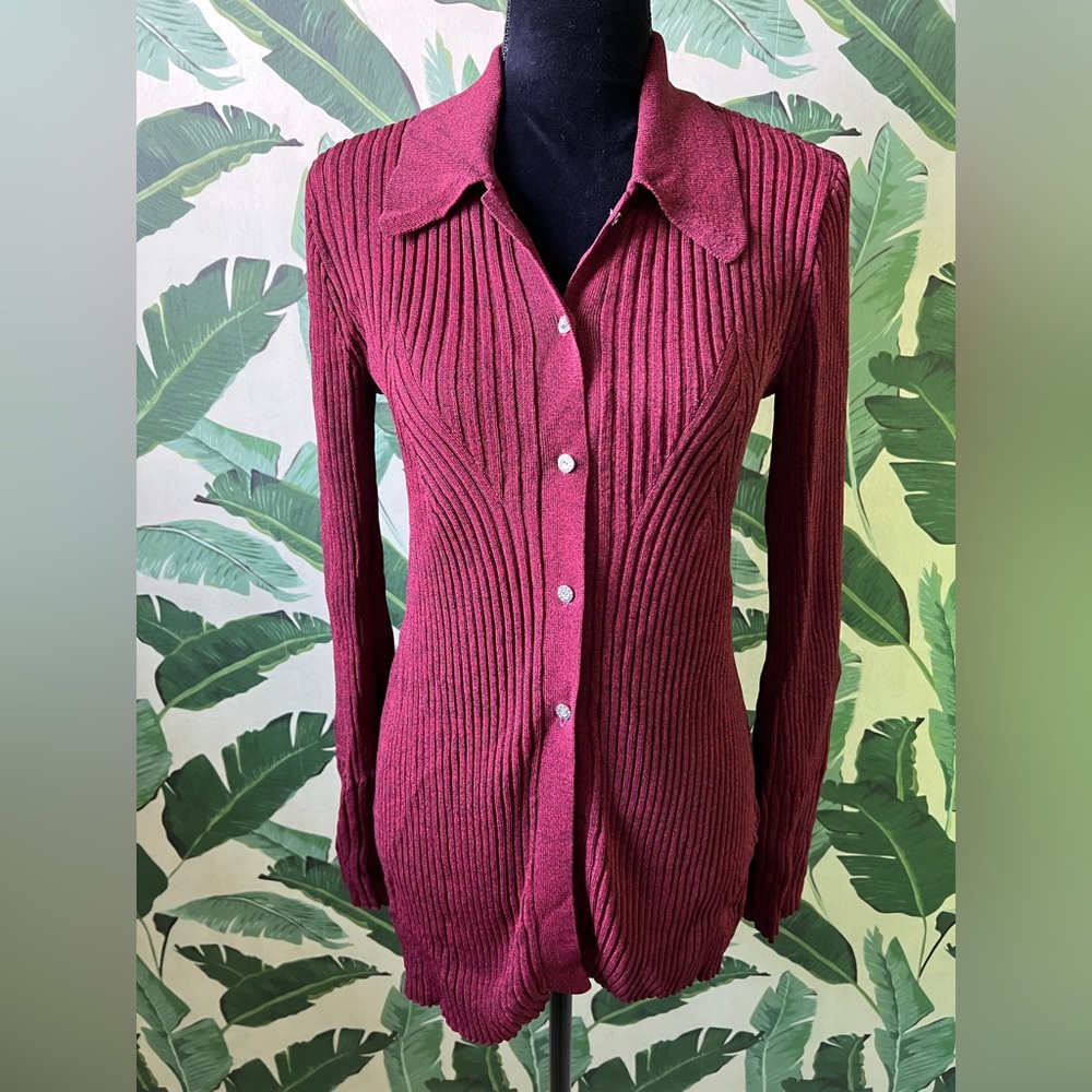 Simon Miller Palo Knit Top Deep Red Button Front Collared Cardigan Sweater XS - Picture 7 of 12